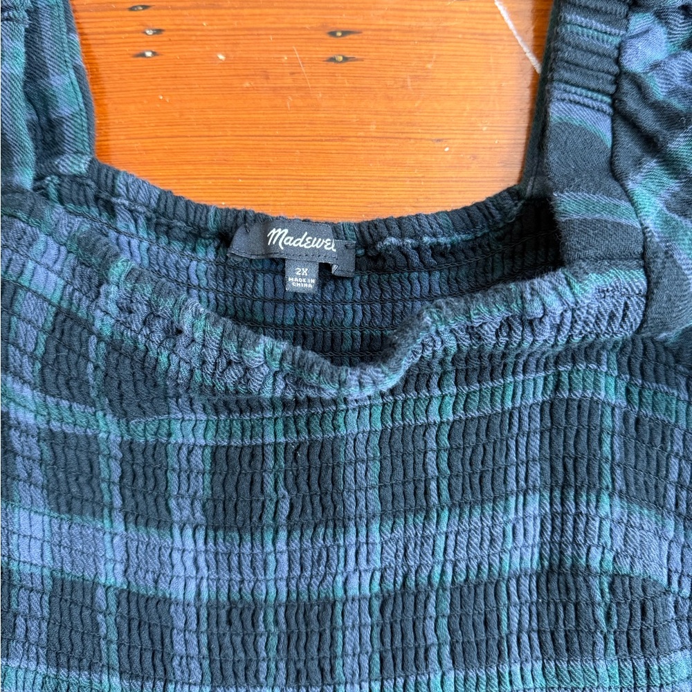 Madewell 100% Cotton Lightspun Long Sleeve Smocked Midi Plaid Dress Sz 2X 💚🍄 - Picture 11 of 12